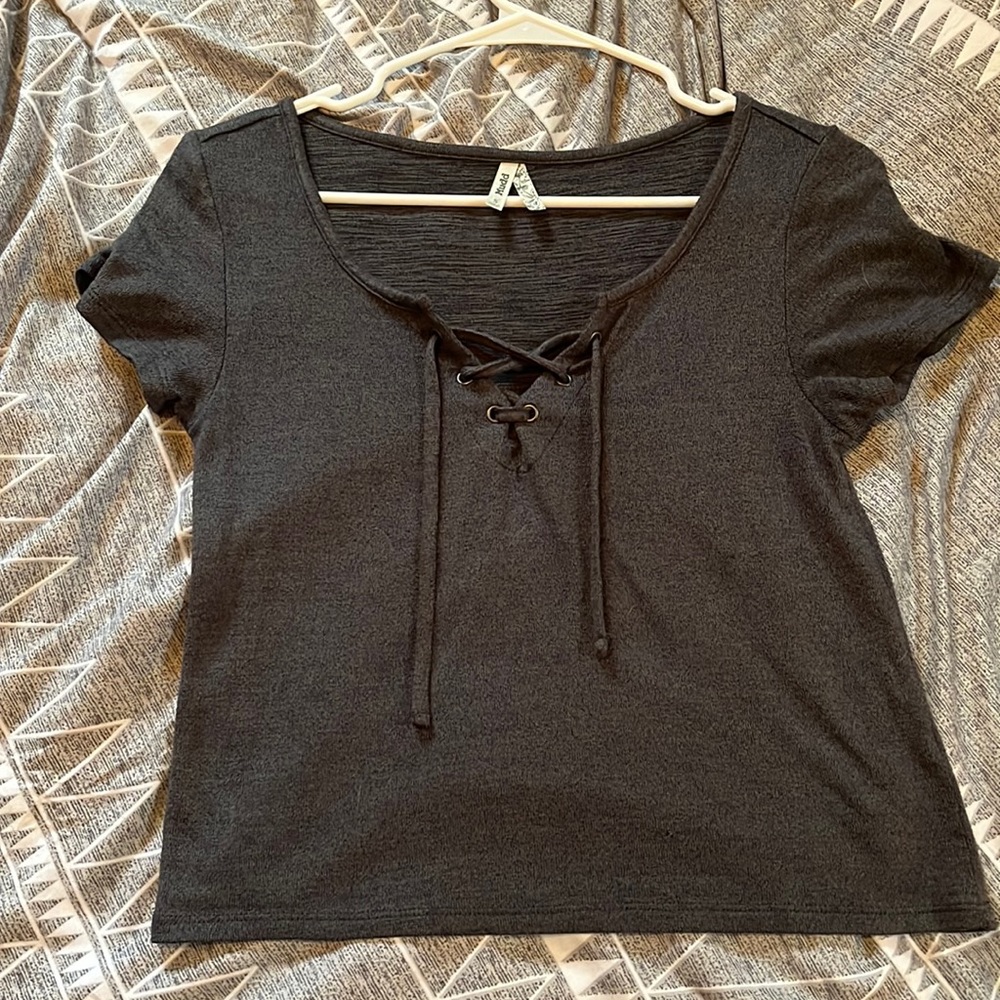 Mudd, Grey Cropped T-Shirt, Lace-Up V